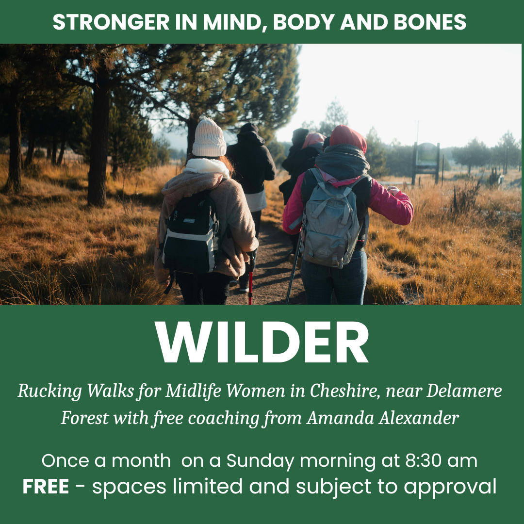 WILDER. Stronger in mind, body and bones. Rucking Walks for Midlife Women in Cheshire, near Delamere Forest with free coaching from Amanda Alexander. Once a month on a Sunday morning at 8:30am. FREE, spaces limited and subject to approval. Photo shows four women walking away along a forest path wearing rucksacks.